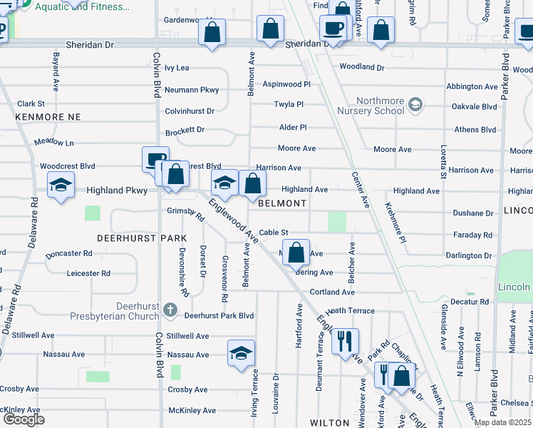 map of restaurants, bars, coffee shops, grocery stores, and more near 25 Stoneleigh Avenue in Buffalo
