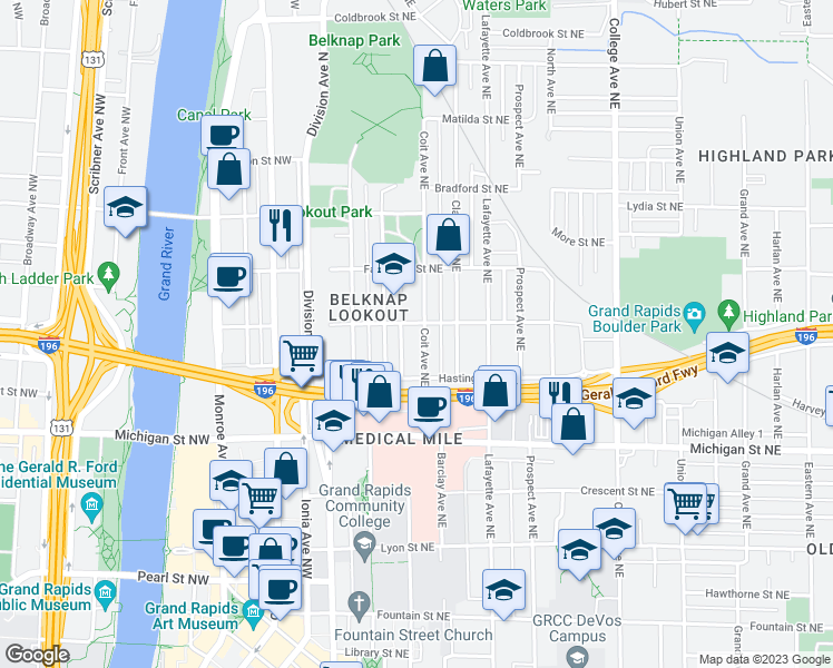 map of restaurants, bars, coffee shops, grocery stores, and more near 541 Coit Avenue Northeast in Grand Rapids