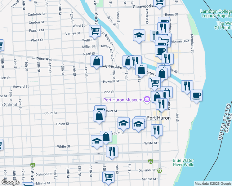 map of restaurants, bars, coffee shops, grocery stores, and more near 904 Pine Street in Port Huron