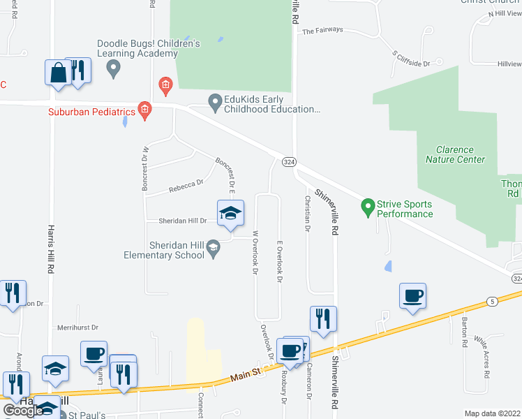 map of restaurants, bars, coffee shops, grocery stores, and more near 4611 West Overlook Drive in Buffalo