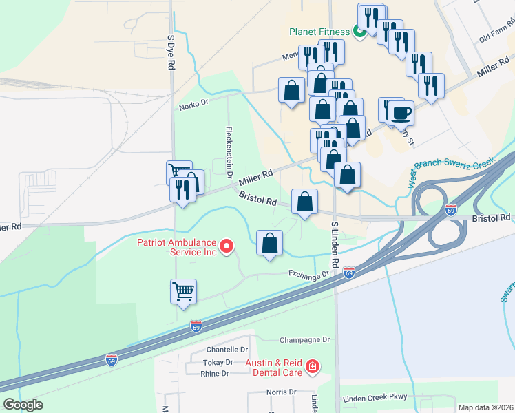 map of restaurants, bars, coffee shops, grocery stores, and more near 5131 West Bristol Road in Flint
