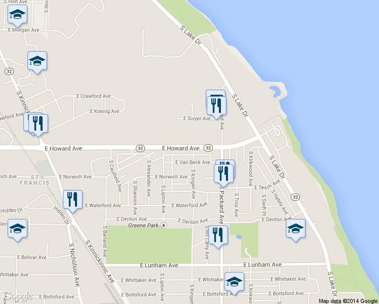 map of restaurants, bars, coffee shops, grocery stores, and more near 3475 East Howard Avenue in St. Francis