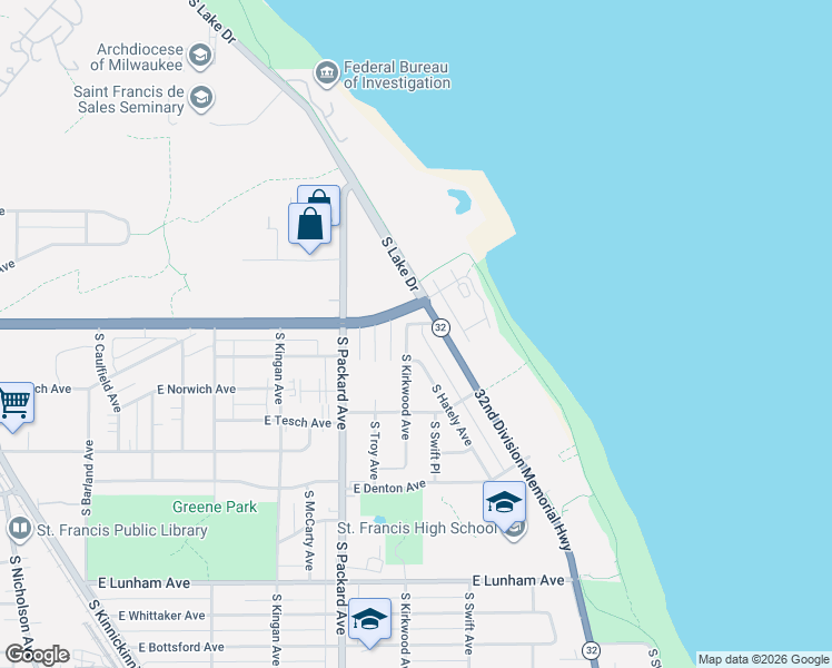 map of restaurants, bars, coffee shops, grocery stores, and more near 3901 South Lake Drive in Saint Francis