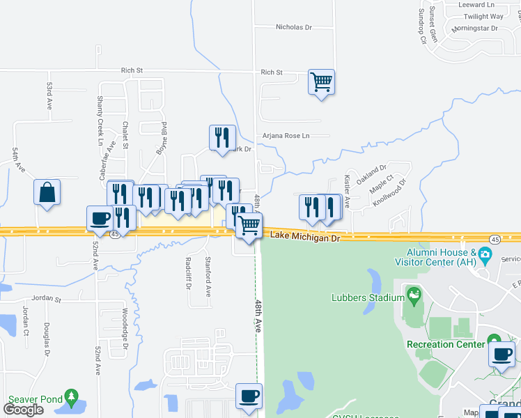 map of restaurants, bars, coffee shops, grocery stores, and more near 4691 Lake Michigan Drive in Allendale Charter Township