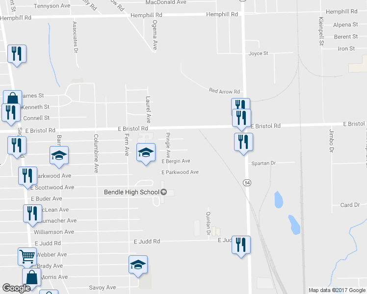 map of restaurants, bars, coffee shops, grocery stores, and more near 2385 East Boatfield Avenue in Burton