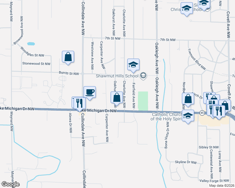 map of restaurants, bars, coffee shops, grocery stores, and more near 458 Oakhurst Avenue Northwest in Grand Rapids