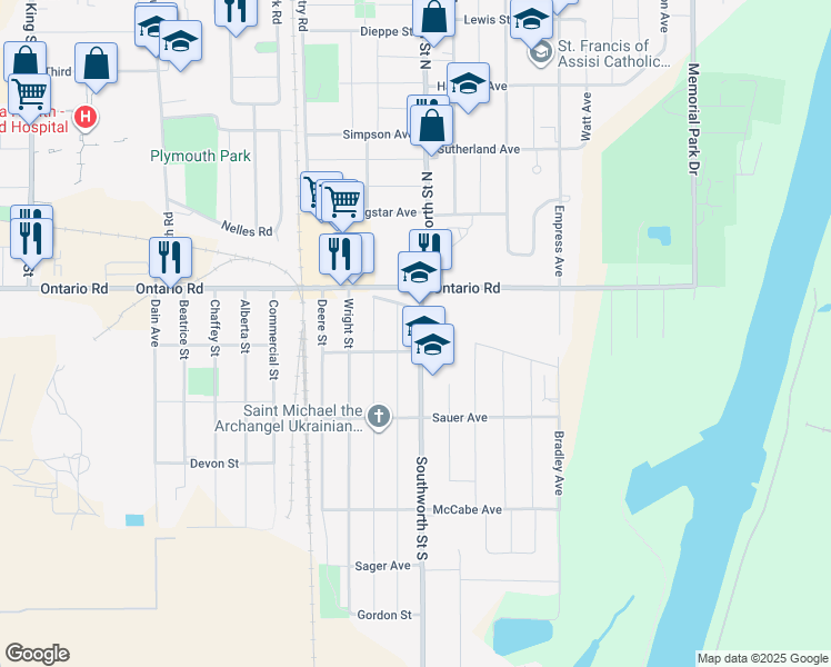 map of restaurants, bars, coffee shops, grocery stores, and more near 270 Southworth Street South in Welland