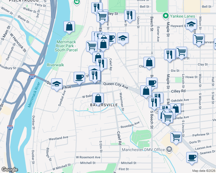 map of restaurants, bars, coffee shops, grocery stores, and more near 37 Branch Street in Manchester