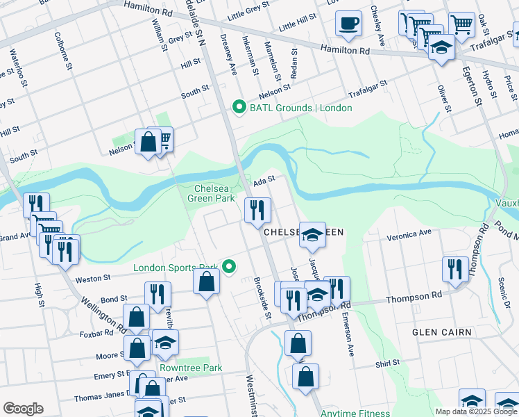 map of restaurants, bars, coffee shops, grocery stores, and more near 15 Adelaide Street South in London