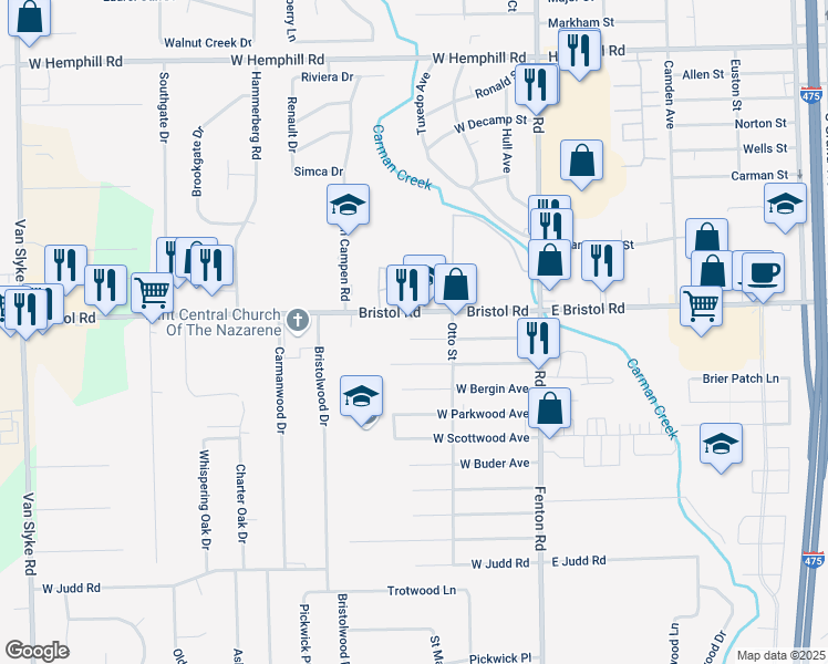 map of restaurants, bars, coffee shops, grocery stores, and more near 1112 West Whittemore Avenue in Flint