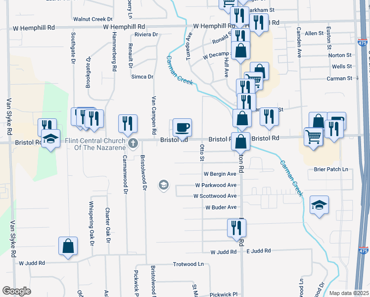 map of restaurants, bars, coffee shops, grocery stores, and more near 1112 West Whittemore Avenue in Flint