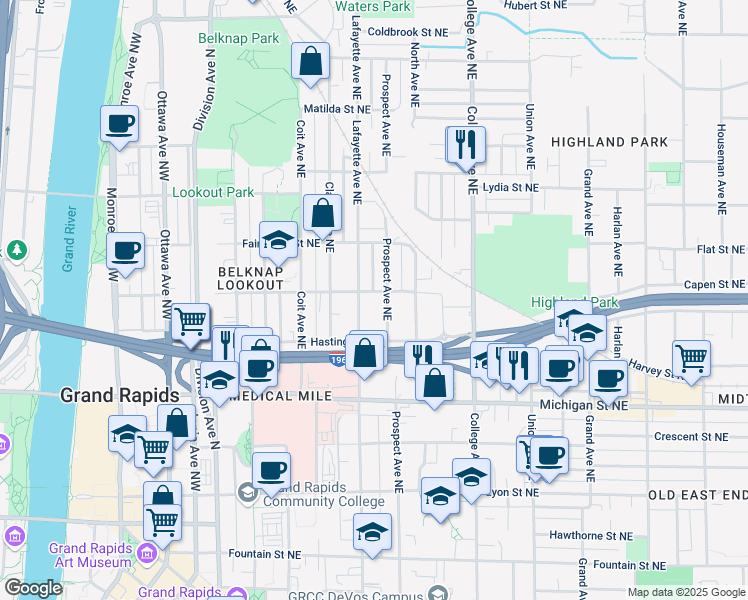 map of restaurants, bars, coffee shops, grocery stores, and more near 547 Lafayette Avenue Northeast in Grand Rapids