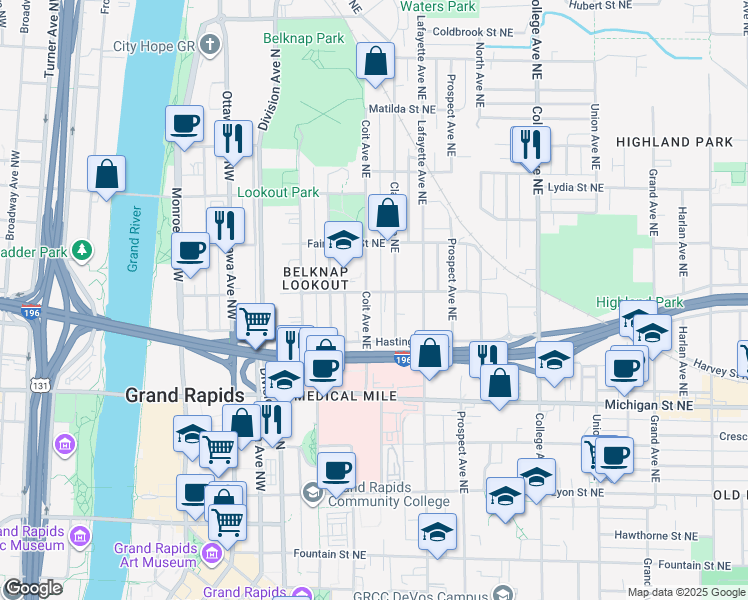 map of restaurants, bars, coffee shops, grocery stores, and more near 547 Clancy Avenue Northeast in Grand Rapids