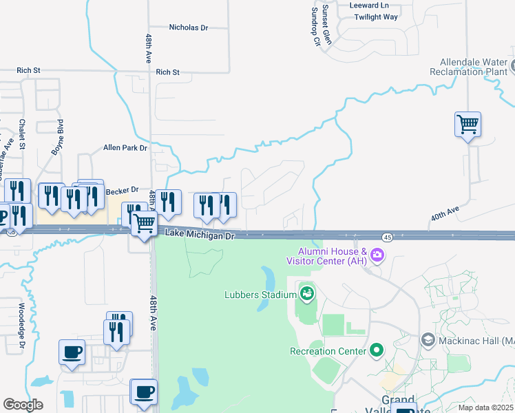 map of restaurants, bars, coffee shops, grocery stores, and more near 4555 Knollwood Drive in Allendale Charter Township