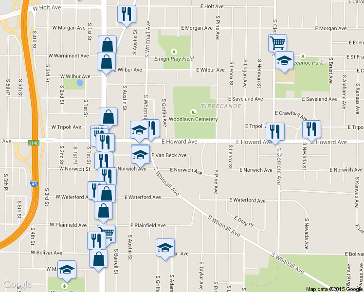 map of restaurants, bars, coffee shops, grocery stores, and more near 503 East Howard Avenue in Milwaukee