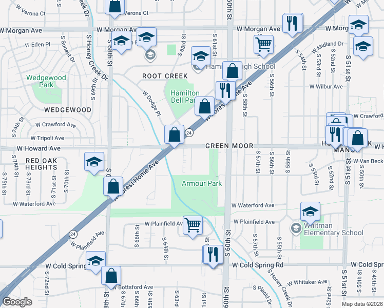 map of restaurants, bars, coffee shops, grocery stores, and more near 3904 South Tara Hill Drive in Greenfield
