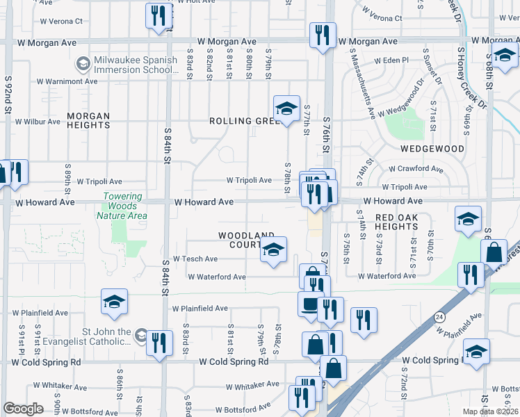 map of restaurants, bars, coffee shops, grocery stores, and more near 7931 West Howard Avenue in Milwaukee