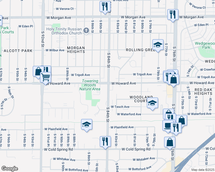 map of restaurants, bars, coffee shops, grocery stores, and more near in Greenfield