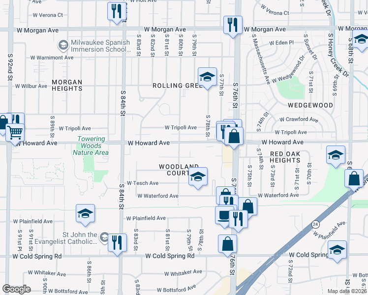 map of restaurants, bars, coffee shops, grocery stores, and more near 7931 West Howard Avenue in Milwaukee