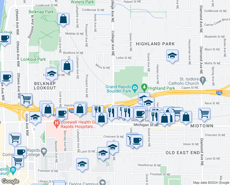 map of restaurants, bars, coffee shops, grocery stores, and more near 540 College Avenue Northeast in Grand Rapids