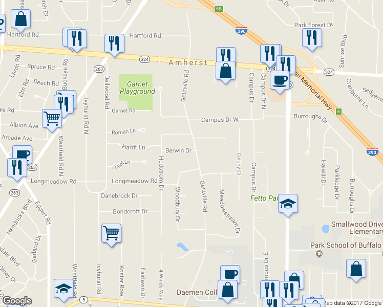 map of restaurants, bars, coffee shops, grocery stores, and more near 352 Getzville Road in Buffalo