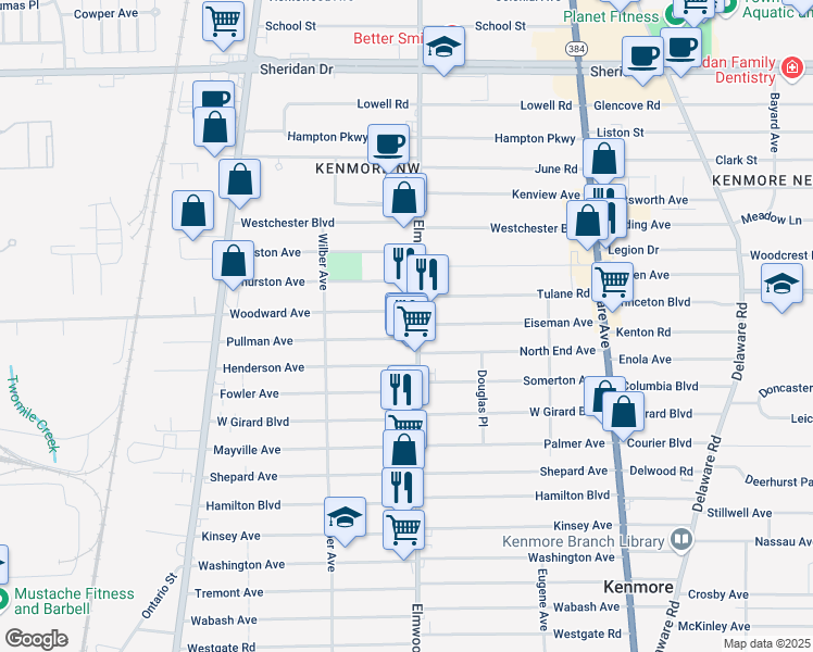 map of restaurants, bars, coffee shops, grocery stores, and more near 2788 Elmwood Avenue in Buffalo