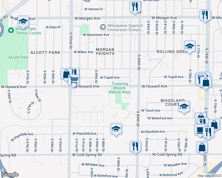 map of restaurants, bars, coffee shops, grocery stores, and more near 3900 South Prairie Hill Lane in Milwaukee