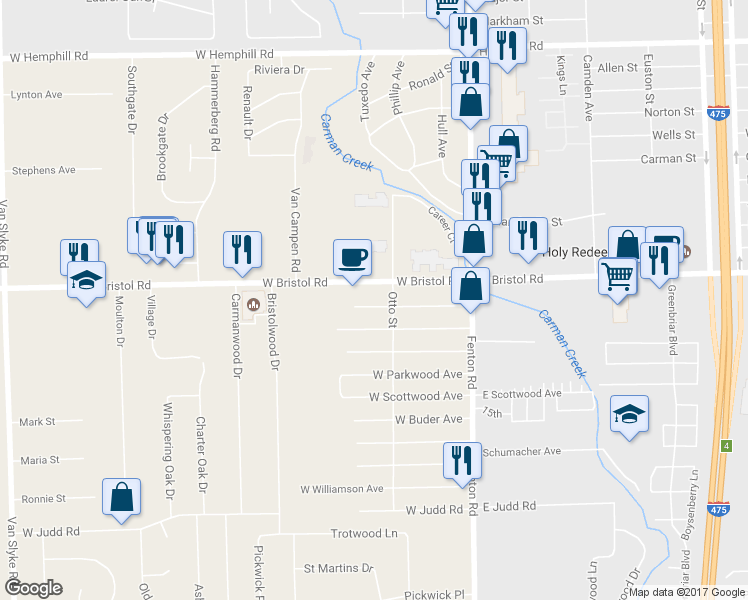 map of restaurants, bars, coffee shops, grocery stores, and more near 1112 West Whittemore Avenue in Flint