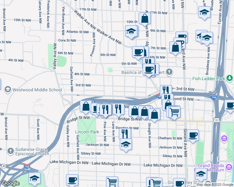 map of restaurants, bars, coffee shops, grocery stores, and more near 923 Second Street Northwest in Grand Rapids