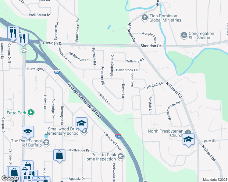 map of restaurants, bars, coffee shops, grocery stores, and more near 211 Delamere Road in Buffalo