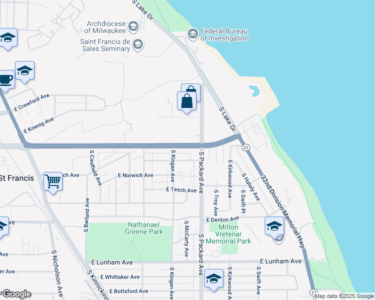 map of restaurants, bars, coffee shops, grocery stores, and more near 3545 East Howard Avenue in Saint Francis
