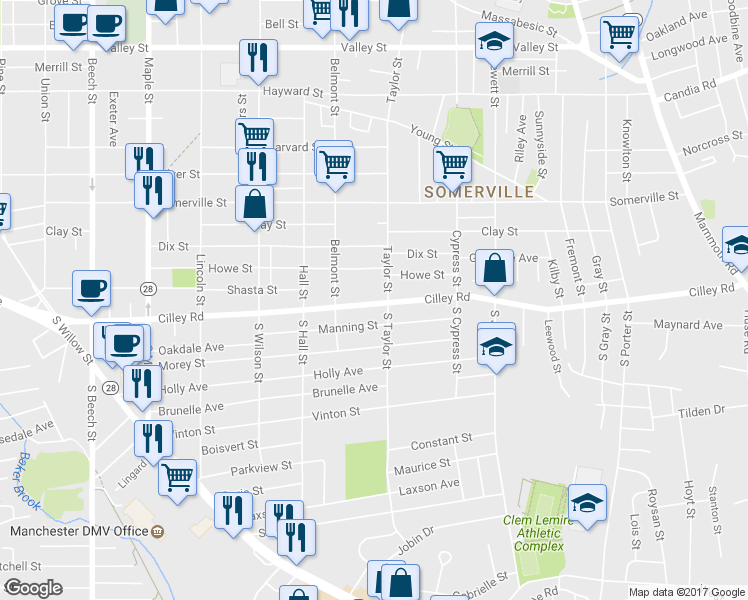 map of restaurants, bars, coffee shops, grocery stores, and more near 532 Cilley Road in Manchester
