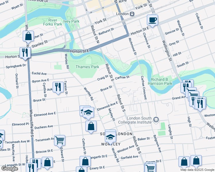 map of restaurants, bars, coffee shops, grocery stores, and more near 192 Bruce Street in London