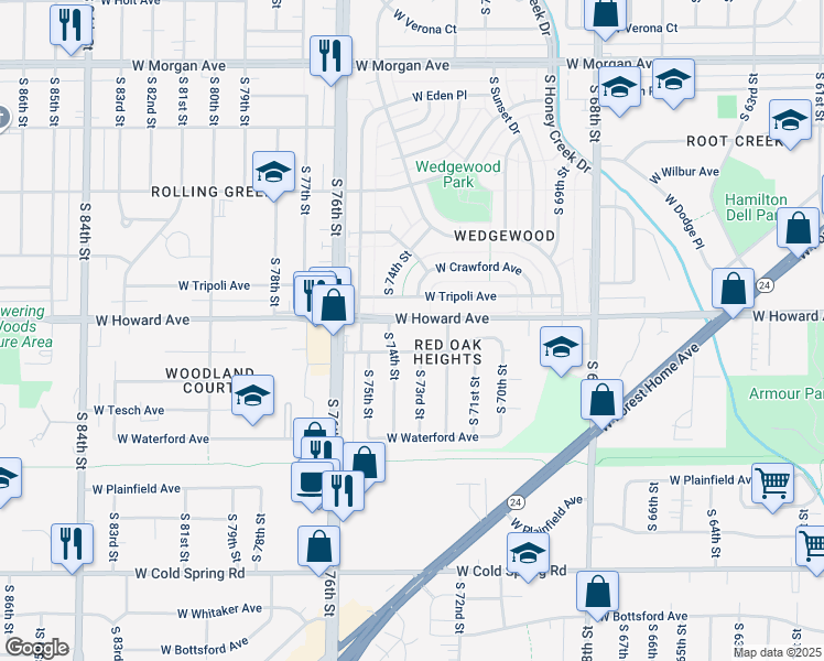 map of restaurants, bars, coffee shops, grocery stores, and more near 7329 West Howard Avenue in Milwaukee
