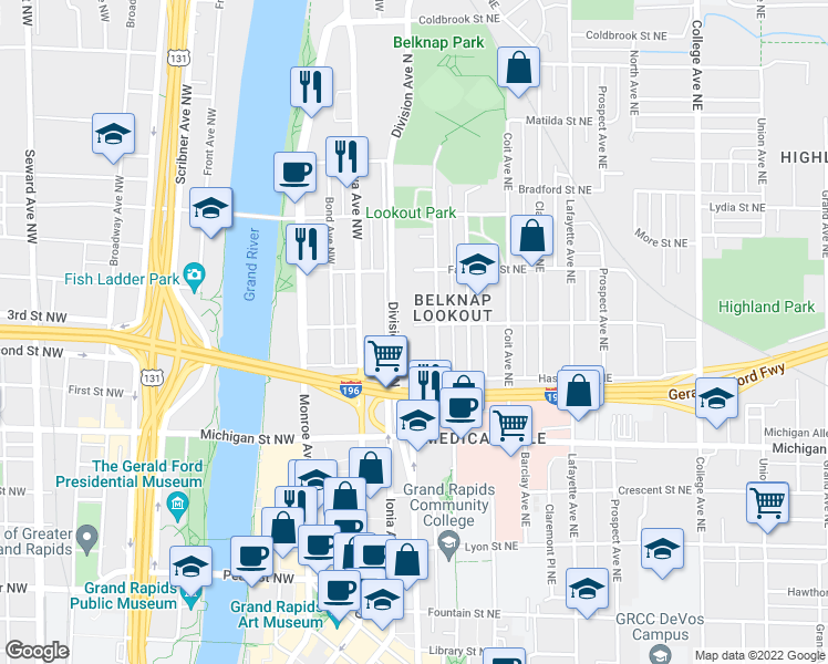 map of restaurants, bars, coffee shops, grocery stores, and more near 4 Trowbridge Street Northwest in Grand Rapids