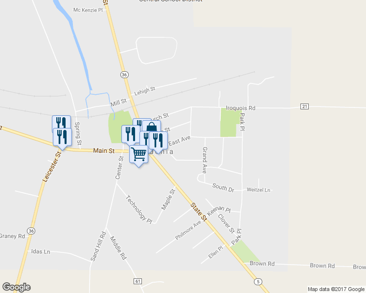 map of restaurants, bars, coffee shops, grocery stores, and more near 3204 East Avenue in Caledonia