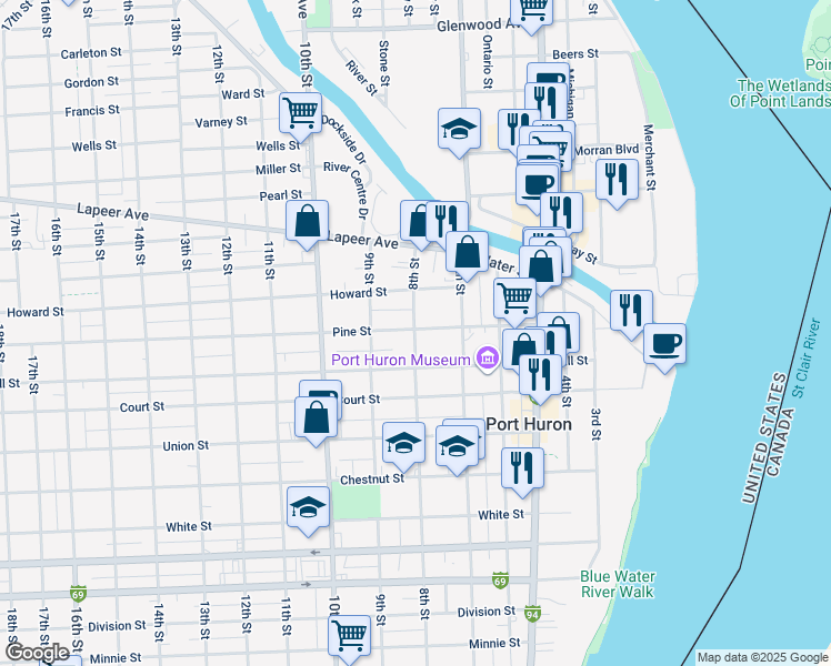 map of restaurants, bars, coffee shops, grocery stores, and more near 800 Pine Street in Port Huron