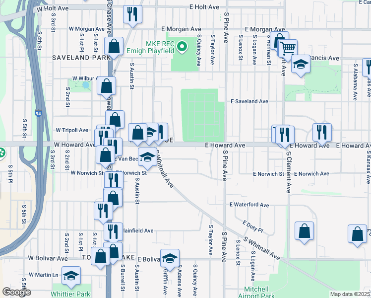 map of restaurants, bars, coffee shops, grocery stores, and more near 503 East Howard Avenue in Milwaukee