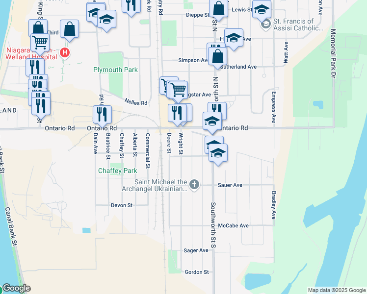 map of restaurants, bars, coffee shops, grocery stores, and more near 61 Wright Street in Welland