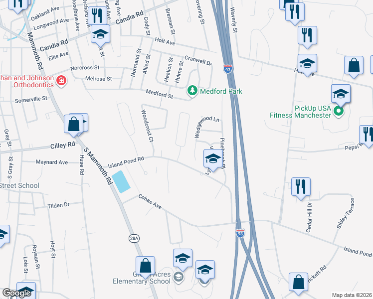 map of restaurants, bars, coffee shops, grocery stores, and more near 208 Green Acres Drive in Manchester