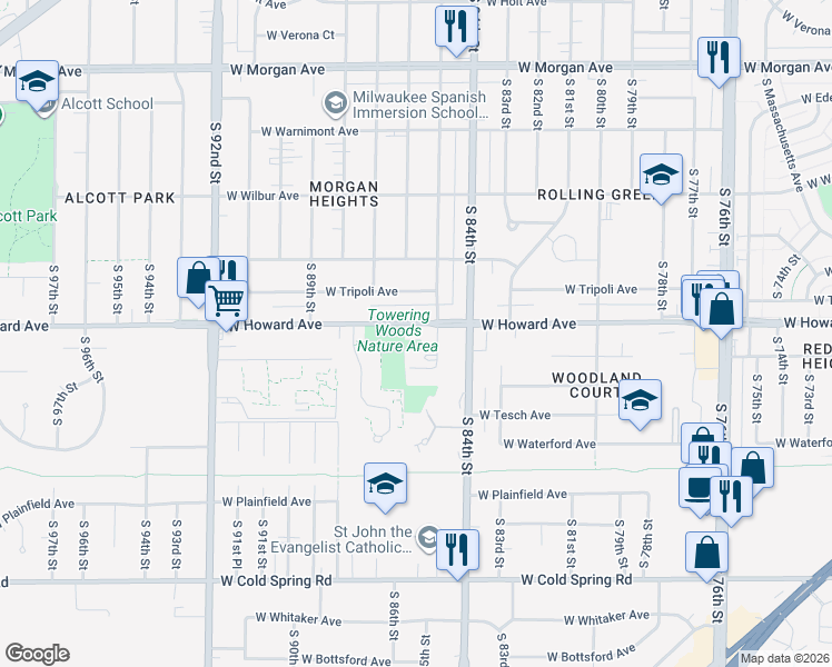 map of restaurants, bars, coffee shops, grocery stores, and more near 8521 West Howard Avenue in Greenfield