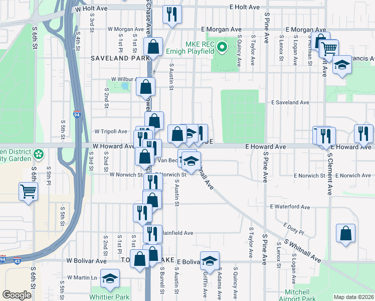 map of restaurants, bars, coffee shops, grocery stores, and more near 357 East Howard Avenue in Milwaukee