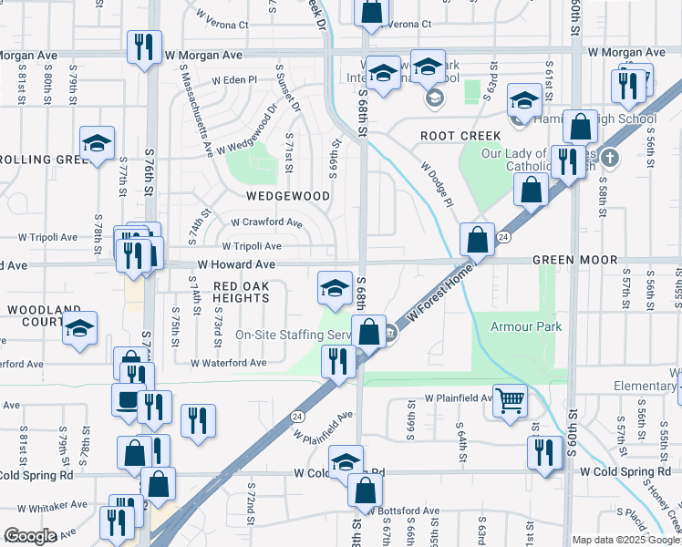 map of restaurants, bars, coffee shops, grocery stores, and more near 6831 West Howard Avenue in Milwaukee