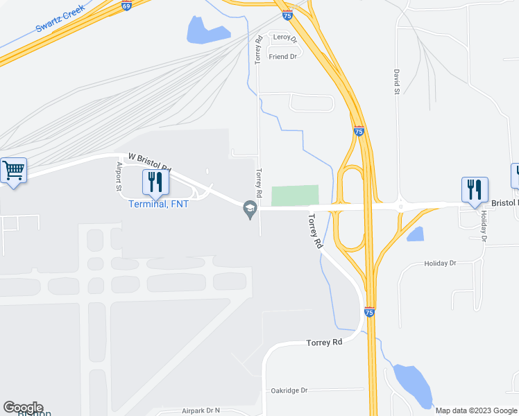 map of restaurants, bars, coffee shops, grocery stores, and more near 3999 Torrey Road in Flint