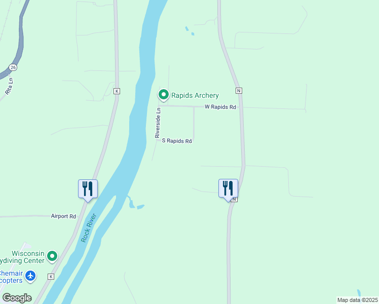 map of restaurants, bars, coffee shops, grocery stores, and more near W5355 South Rapids Road in Jefferson