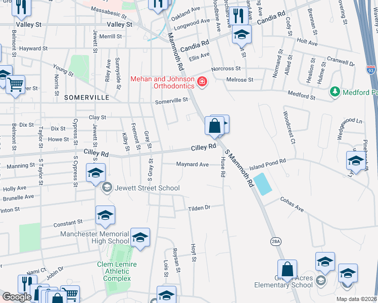 map of restaurants, bars, coffee shops, grocery stores, and more near 1093 Cilley Road in Manchester
