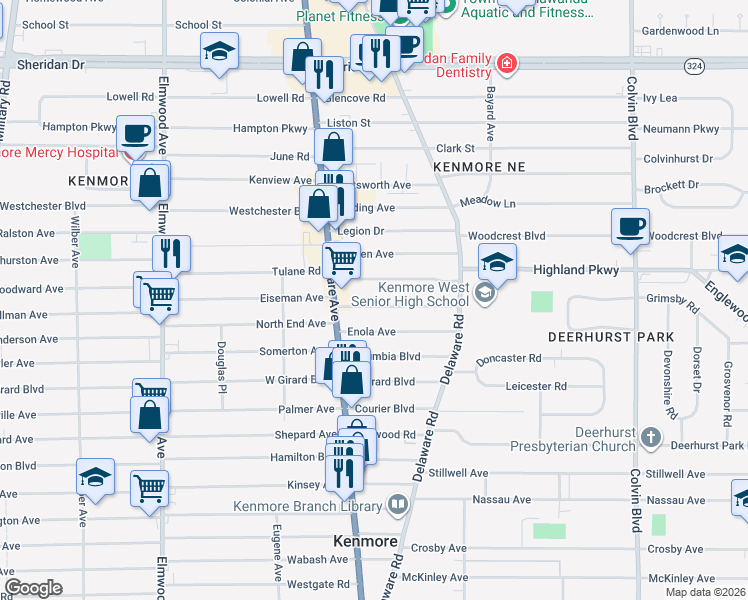 map of restaurants, bars, coffee shops, grocery stores, and more near 34 Kenton Road in Buffalo