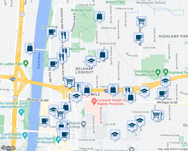 map of restaurants, bars, coffee shops, grocery stores, and more near 124 Trowbridge Street Northeast in Grand Rapids