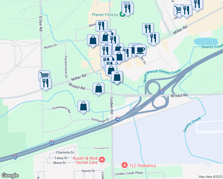 map of restaurants, bars, coffee shops, grocery stores, and more near 3535 Linden Road in Flint