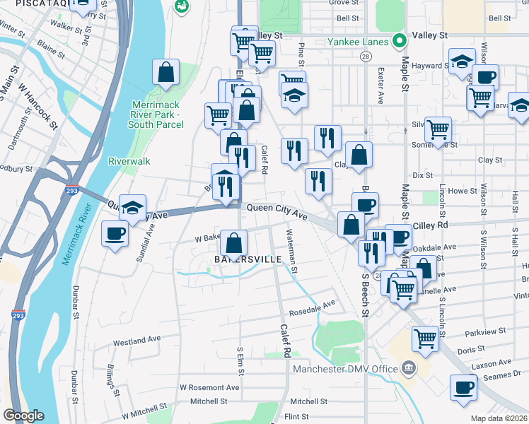 map of restaurants, bars, coffee shops, grocery stores, and more near 160 Calef Road in Manchester